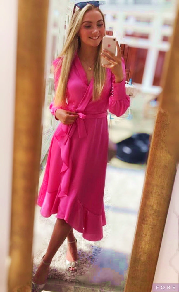 Ladies Hot Pink Silk Midi Dress ...